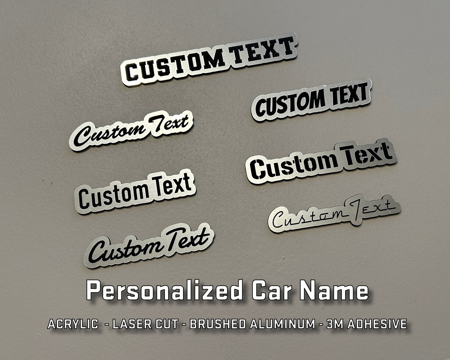 Custom Engraved Car Name Badge: Brushed Silver Acrylic Emblem