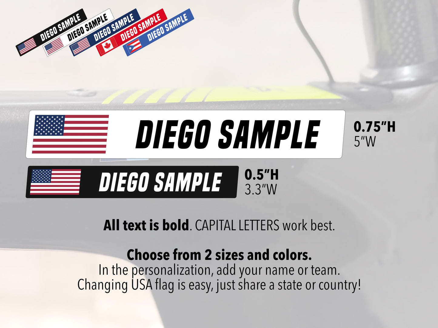 Bold Style Bike Name Stickers: Waterproof Vinyl Decals with Flag