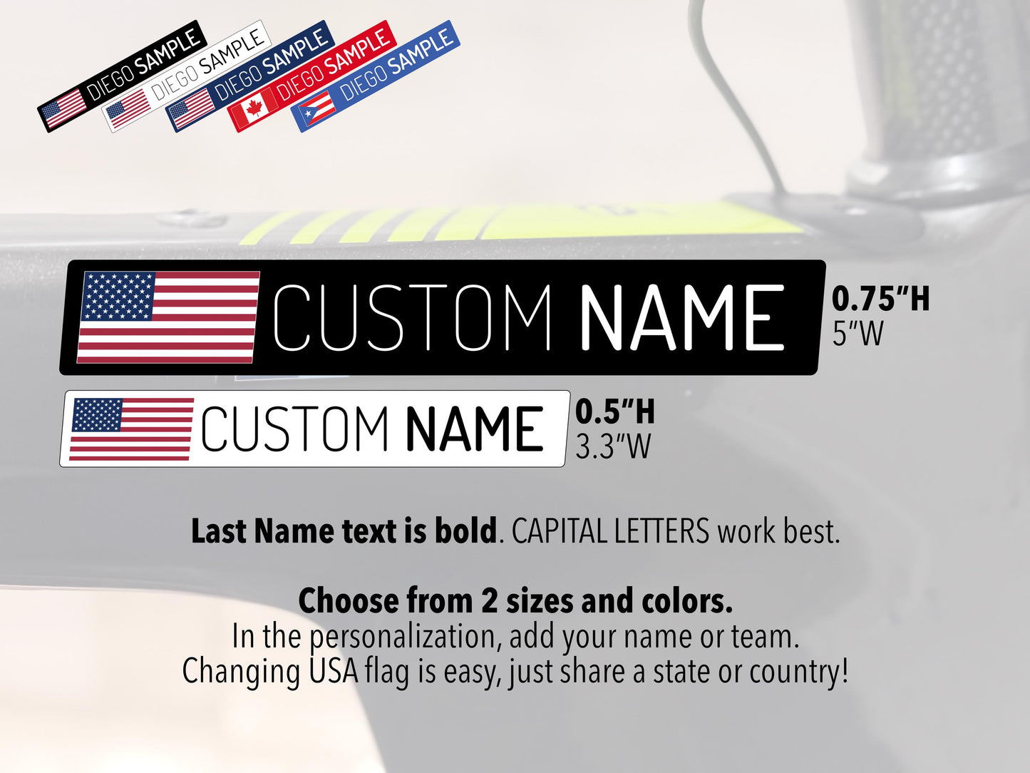 Modern Style Bike Name Stickers: Waterproof Vinyl Decals with Flag