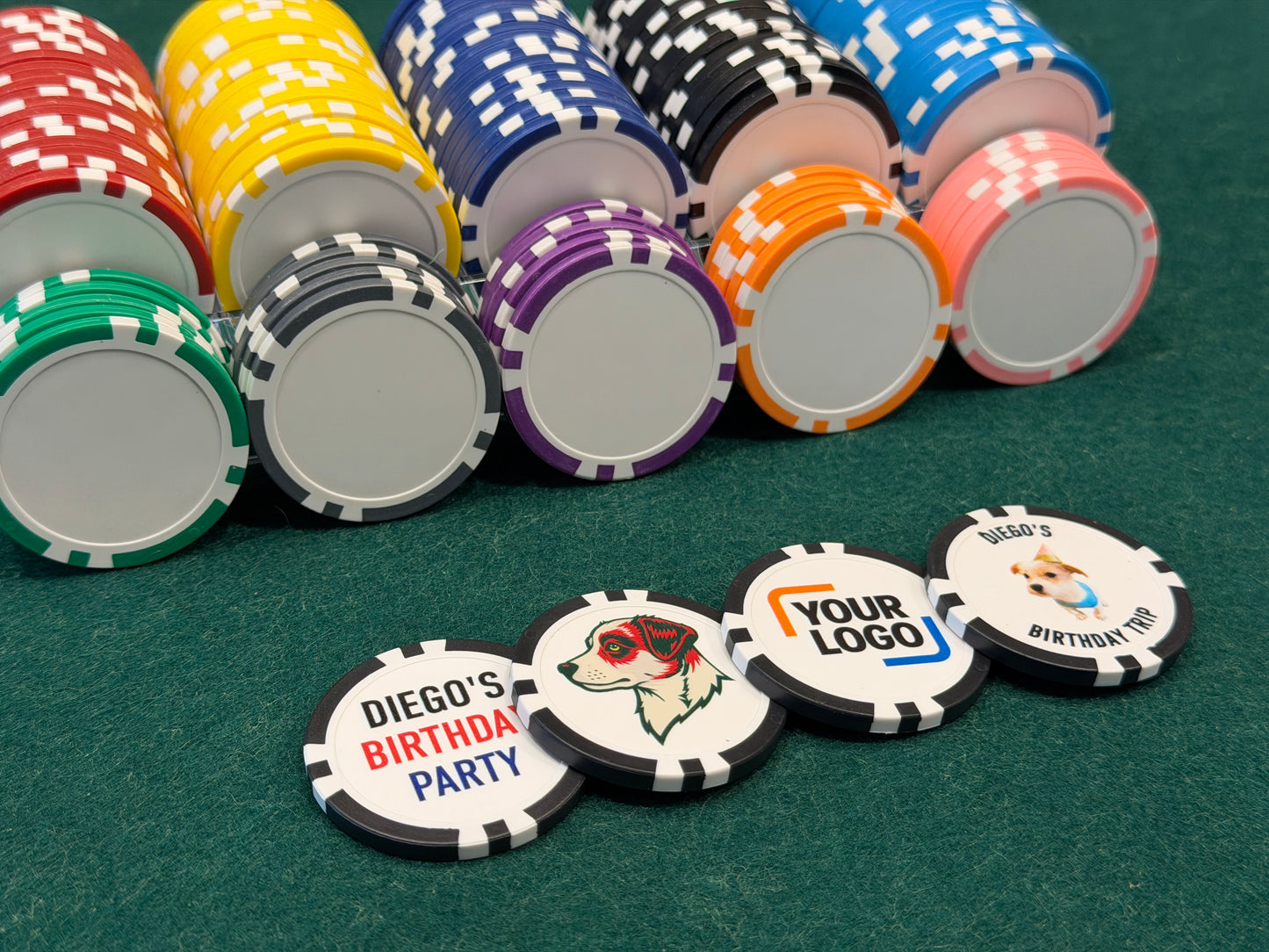 Custom UV Direct Printed Full Color Poker Chips – Personalize With Your Logo, Text, or Photo (8-Stripe)