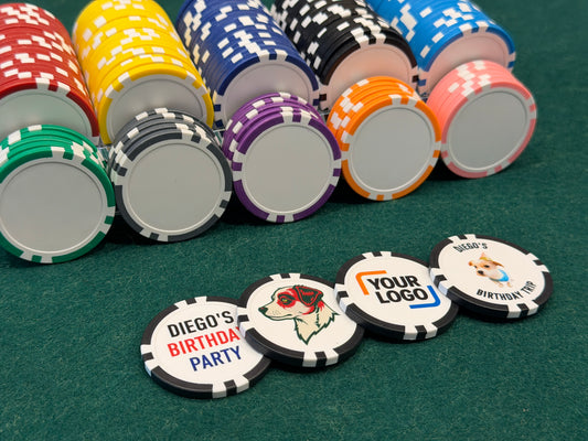 Custom UV Direct Printed Full Color Poker Chips – Personalize With Your Logo, Text, or Photo (8-Stripe)