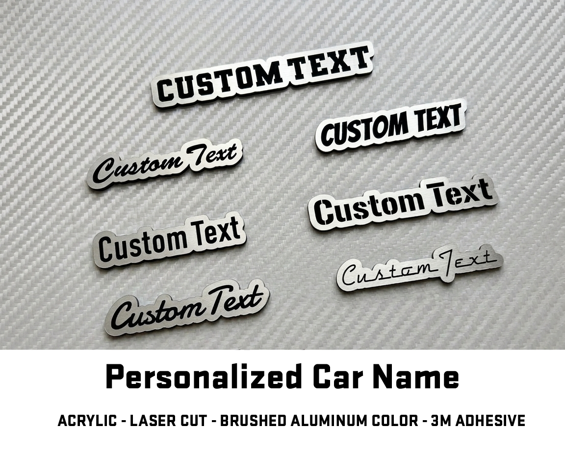 Custom engraved car name badge in brushed silver acrylic