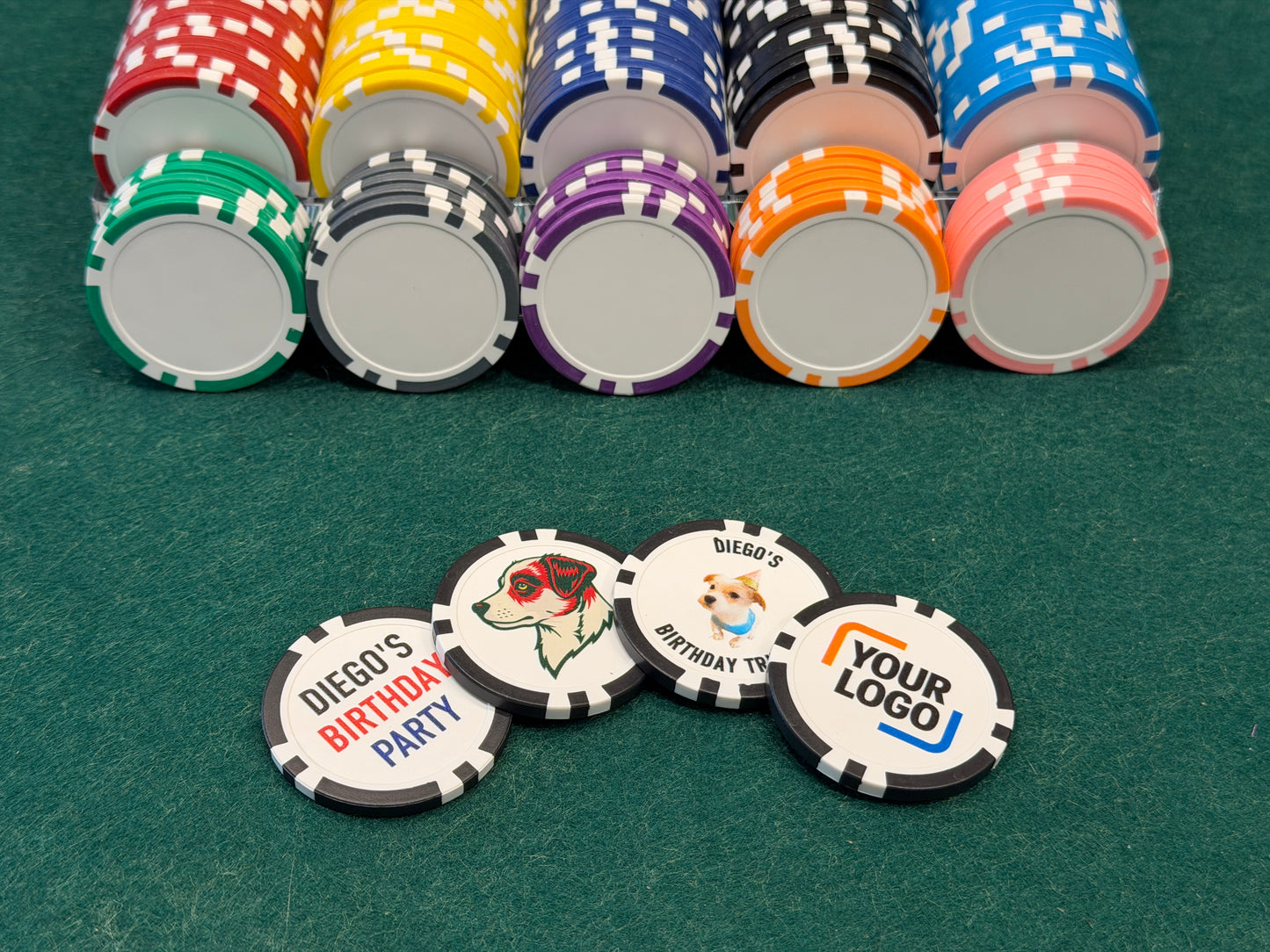 Custom UV Direct Printed Full Color Poker Chips – Personalize With Your Logo, Text, or Photo (8-Stripe)