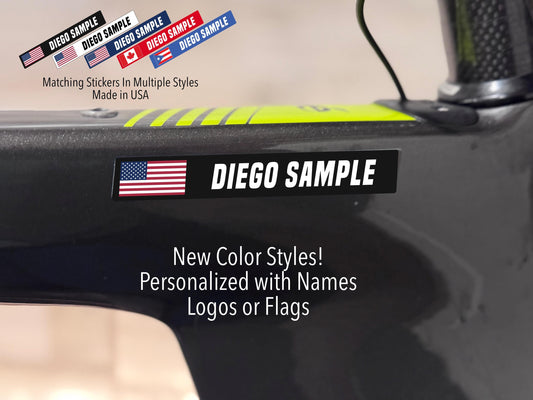 Bold Style Bike Name Stickers: Waterproof Vinyl Decals with Flag