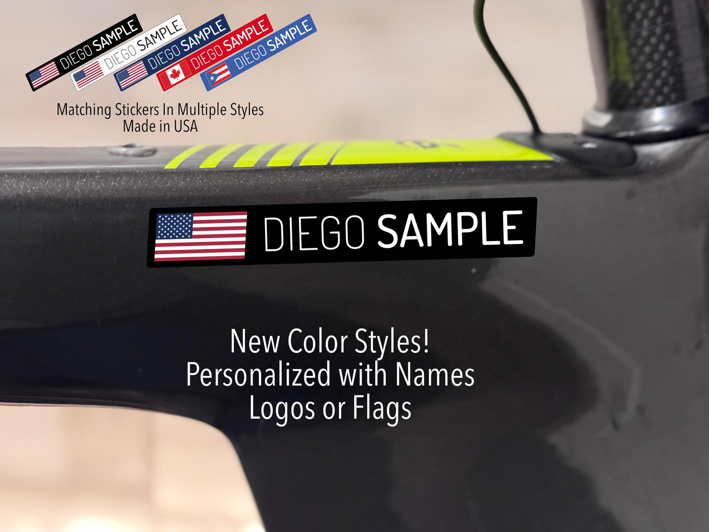 Modern Style Bike Name Stickers: Waterproof Vinyl Decals with Flag