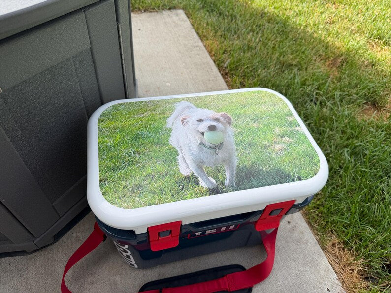 Cooler lid decal close-up showing photo print detail